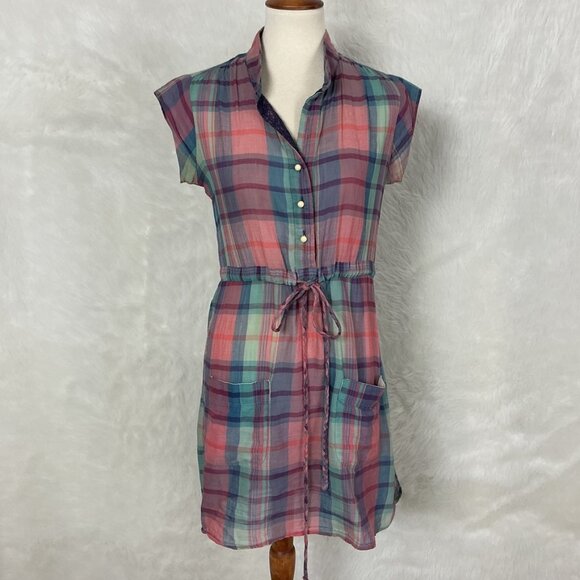 Trovata Short Sleeve Pink & Blue Plaid Cotton Drawcord Mini Dress M - Picture 1 of 7